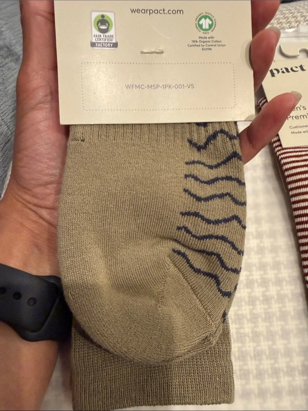 Pact Men's Crew Socks —Olive Wave & Red Stripe with Light Blue Cuff (2-Pack)